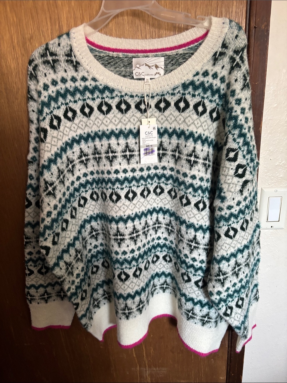 C&C California Cream, Teal & Black Fair Isle Crewneck Sweater with Pink Trim